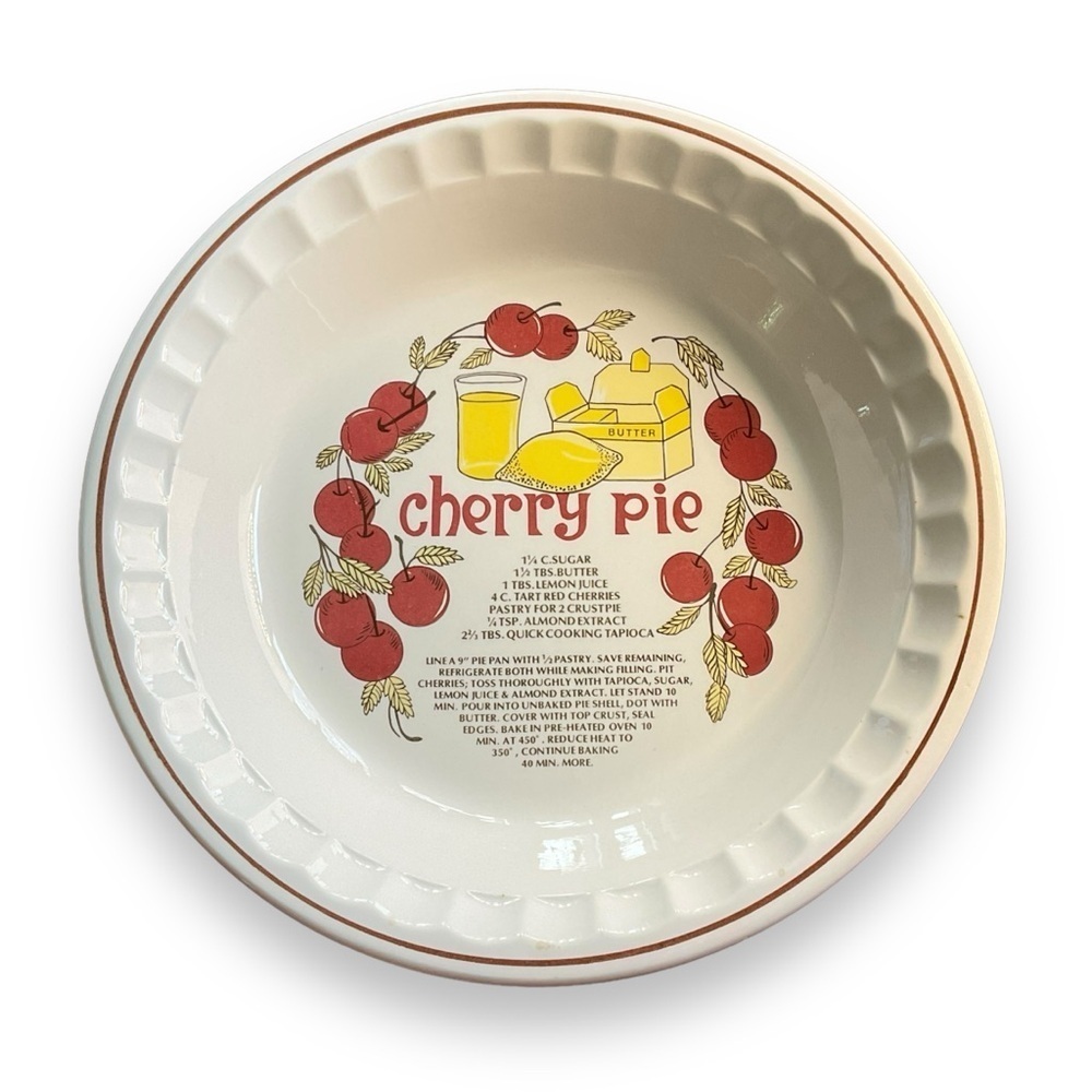 Vintage Recipe Pie Plate Cherry 11 Inch Baking Dish White‎ Ceramic Bakeware
